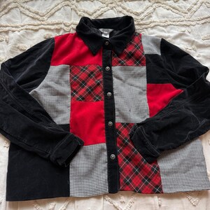 Vintage Stonebridge Red Black Plaid Houndstooth Patchwork Button Up Jacket