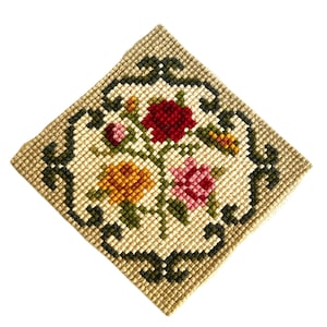 Needlepoint Pillow Front/Vintage Cross Stitch Floral Square/14.5&quot;x 14.75&quot; Cottagecore Wall Hanging/Tan Red Pink & Yellow/Ready Sew to Pillow