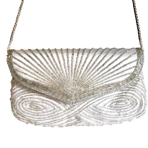 White Beaded Clutch/Hand Beaded Glass MCM Purse/Bridal Clutch/8 x 4 Evening Bag/Corded Shoulder Bag/Formal Wear White Clutch/Snap Close