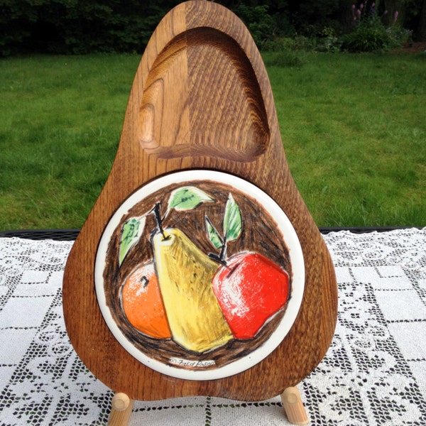 Fred Press Cheese Board With Tile  Handcarved Sere Wood  Pear Shaped Appetizer Tray With Colorful Pears & Other Fruit on Tile Brass Hook VGC