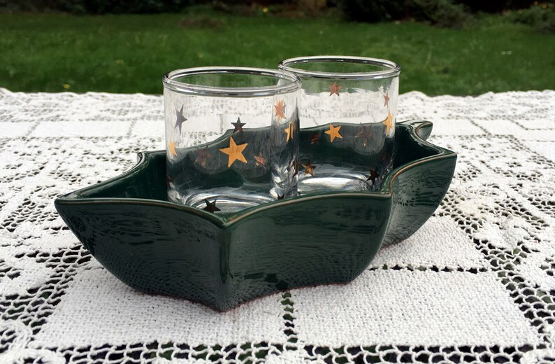Dansk Ceramic GreenHolly Shaped DishGreen Snack Candy Nut Dish 2 Votive Drink Glasses Dansk Terra Cotta EarthenwareHoliday Entertaining