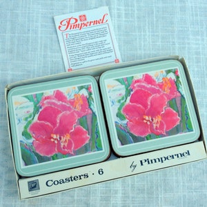 Pimpernel Flower Coasters   Set of 6 Made in England by Pimpernel  80&#39;s Vintage  Cork Backed   4&quot; square   VGCond  Original Box Distressed
