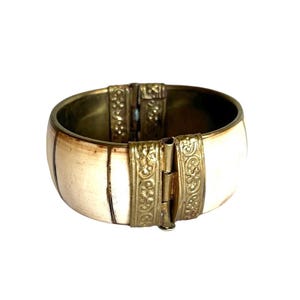 Chunky Tribal Bracelet/Cream & Gold Tone Cuff Bracelet/Hinged Opening/Fits 7.5 Wrist/Ox Bone Bracelet Cuff/Hippie Boho Cuff/Free Shipping