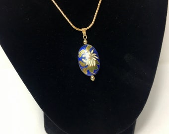 Avon Cloisonne Pendant Chain/Avon Enamel Floral Pendant/Gold Tone Jewelry/ 15" Chain 1.25" Pendant/Blue Green White Floral/Free Shipping