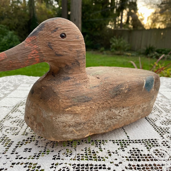 Vintage Duck Decoy/PRIMITIVE Wood Mallard Decoy/Glass Eyes Original Paint/Hand Carved Folk Art/Rustic Cabin Decor/Hunting Accessory/Man Cave