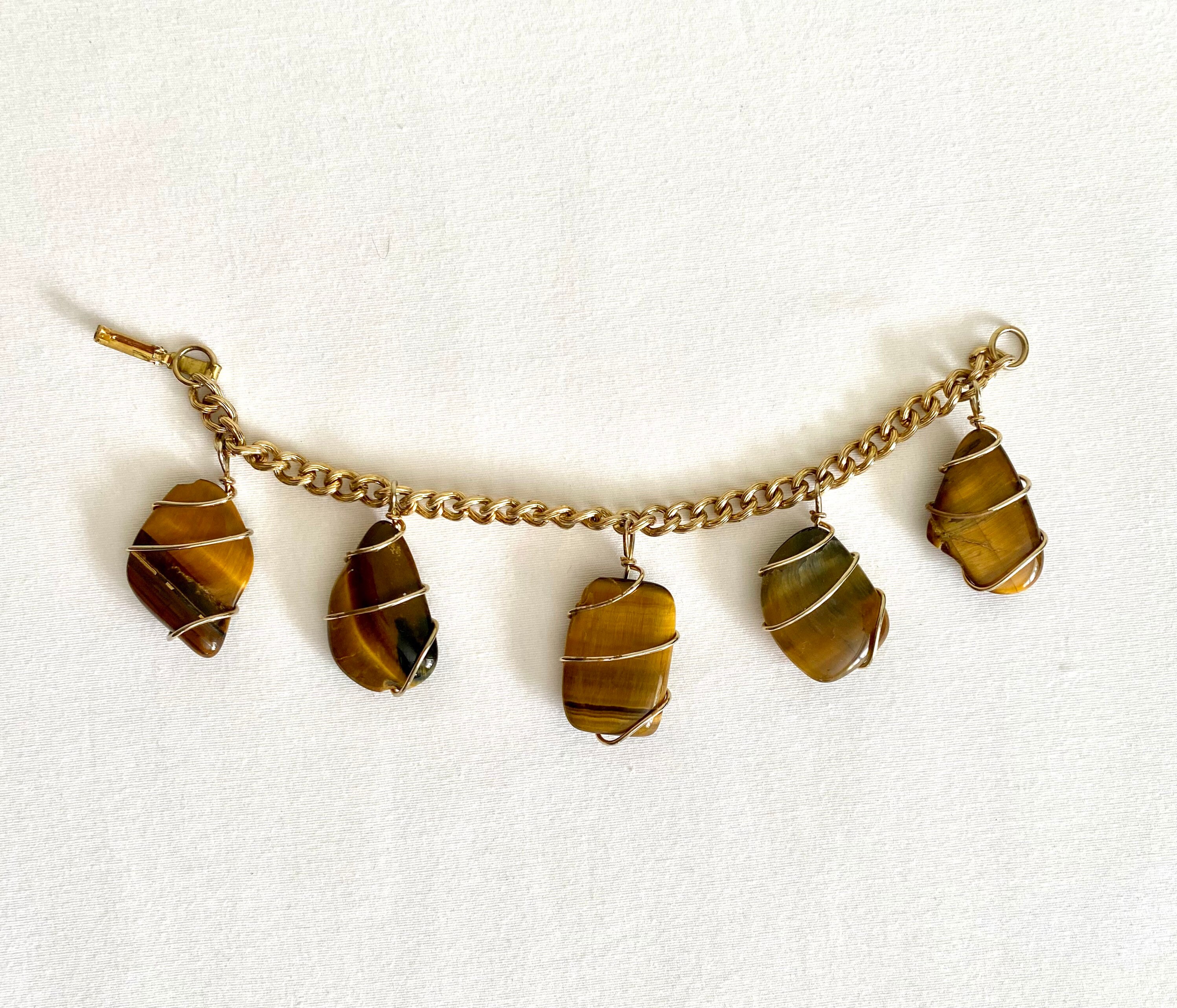 Tiara silver with gold wire wrap. Tigers eye and Unakite semiprecious stones Wirewrapped chakra stone, embossed pendants with necklace  main image 4