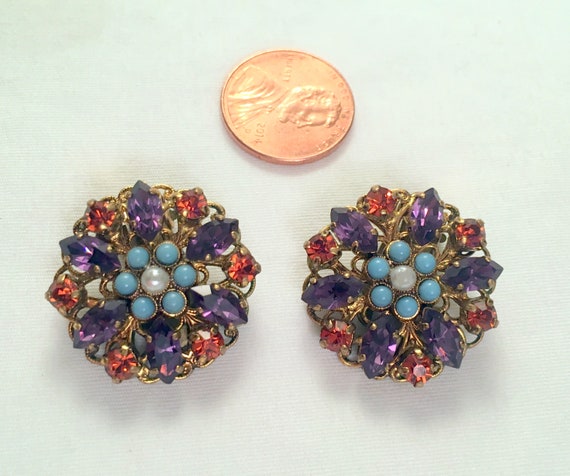 Round Rhinestone Earrings/Clip On Floral Earrings… - image 3