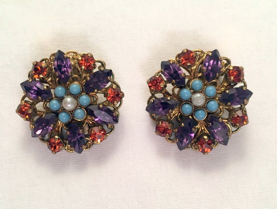 Round Rhinestone Earrings/Clip On Floral Earrings… - image 7