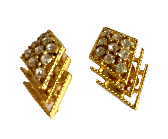 LISNER Clip On Earrings/Gold Tone & Rhinestone Ea… - image 2