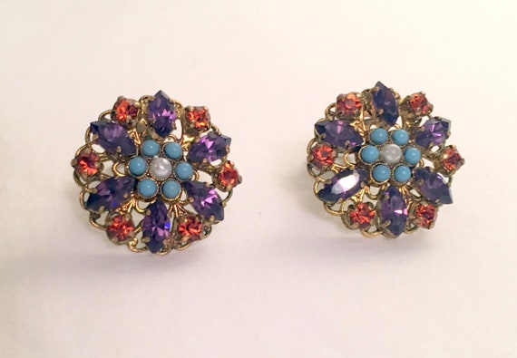 Round Rhinestone Earrings/Clip On Floral Earrings… - image 5