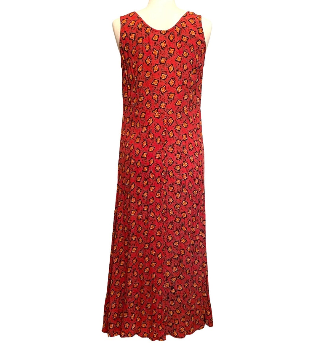 90's Rabbit Rabbit Rabbit Dress/sz 12M Rayon Festival Dress/rust Geometric Pattern Empire Waist