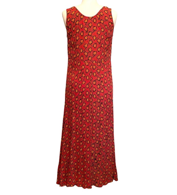 90 s Rabbit Rabbit Rabbit Dress sz 12M Rayon Festival Dress rust Geometric Pattern Empire Waist sleeveless Midi Dress orange Yellow Black Etsy