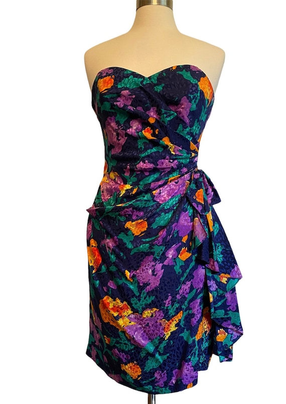 I Magnin Silk Strapless Dress/Side Tie Floral Kne… - image 1