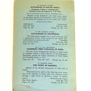 May include: A vintage book cover with text in English, featuring titles like "Satyagraha in South Africa" and "The Story of Bardoli." The cover is light green with black text, and includes author names and book prices.