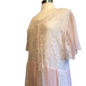 80&#39;s TOGETHER Gauzy Dress/Gypsy Festival Dress/Pink & White Empire Waist Gauze Dress/Lace Bodice Midi Dress/Indian Layered Twist Dress/Sh Sl