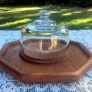 Teak Cheese Board/Danish Mod Covered Tray/Solid Teak Hexagon Tray/ 12&quot; Teak Tray & Glass Dome/Party Hors d&#39;ouevres Tray