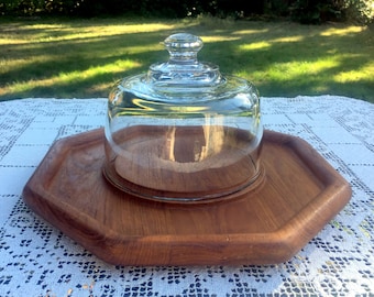 Teak Cheese Board/Danish Mod Covered Tray/Solid Teak Hexagon Tray/ 12" Teak Tray & Glass Dome/Party Hors d'ouevres Tray