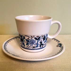 Noritake Progression BLUE MOON Tea Cup & Saucer, Blue White and Green Floral Pattern 9022 Made in Japan 1969-1980, Very Good Cond. image 1