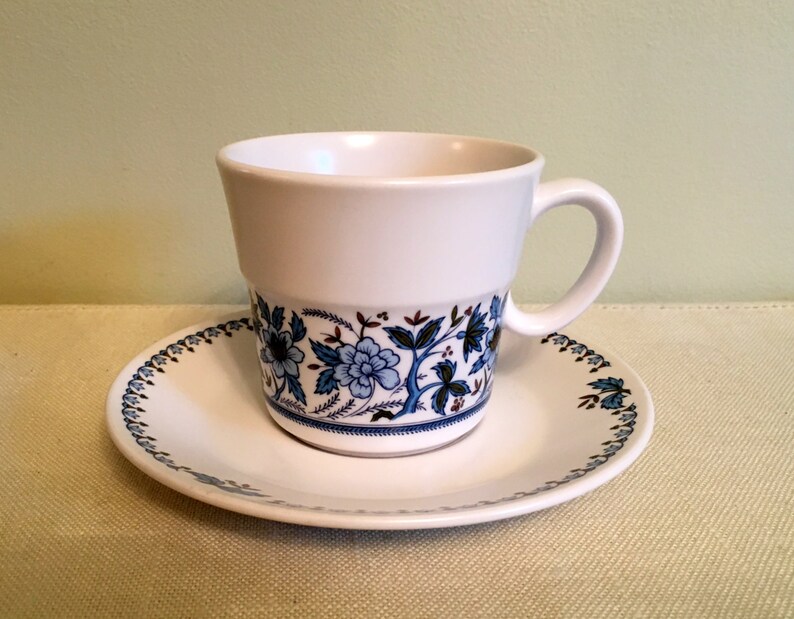 Noritake Progression BLUE MOON Tea Cup & Saucer, Blue White and Green Floral Pattern 9022 Made in Japan 1969-1980, Very Good Cond. image 1