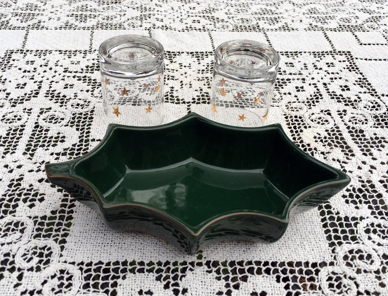 Dansk Ceramic GreenHolly Shaped DishGreen Snack Candy Nut Dish 2 Votive Drink Glasses Dansk Terra Cotta EarthenwareHoliday Entertaining