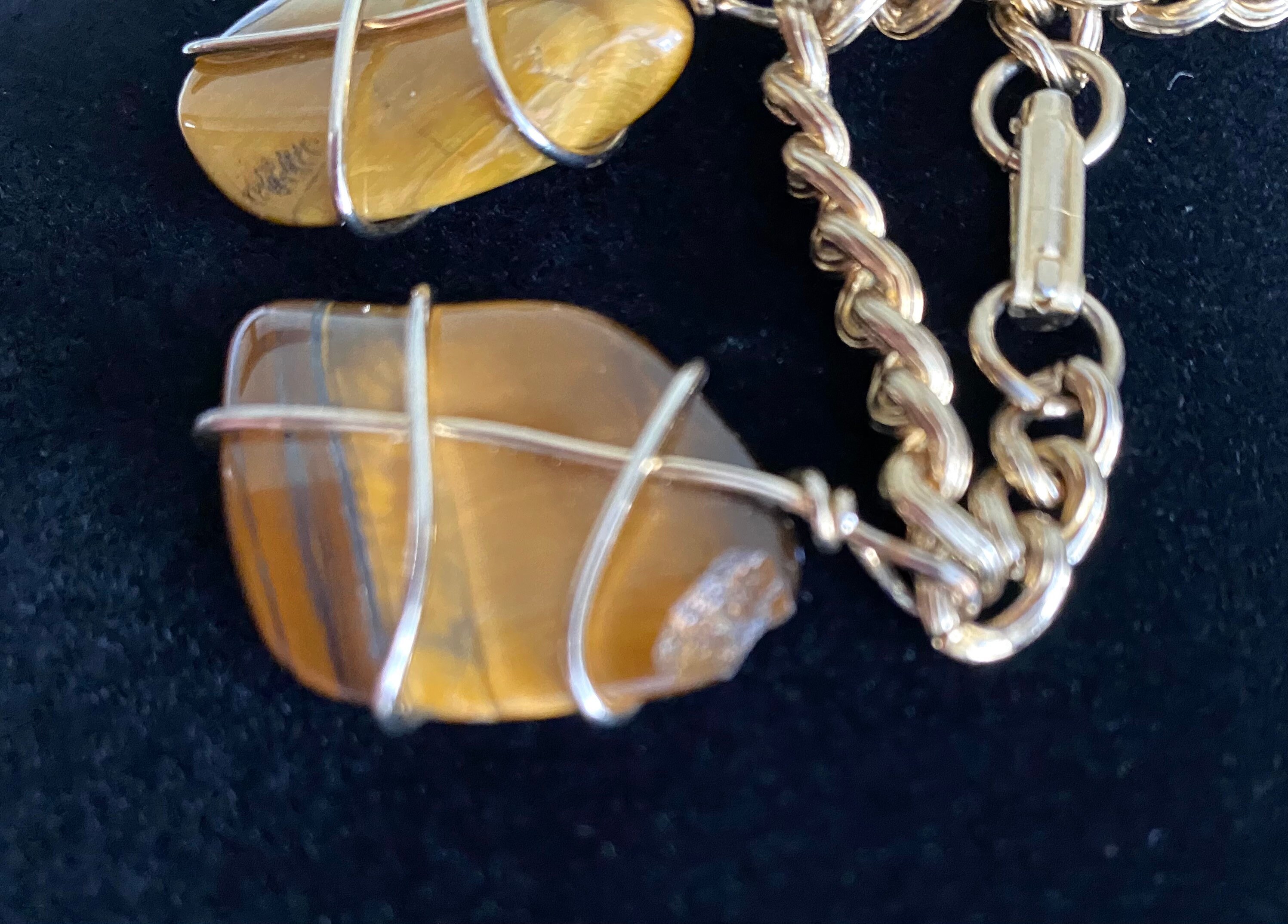 Wire Wrapped Tigers Eye Gemstone Bracelet, Gold Tone Chain  display picture 1