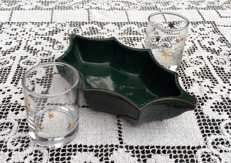 Dansk Ceramic GreenHolly Shaped DishGreen Snack Candy Nut Dish 2 Votive Drink Glasses Dansk Terra Cotta EarthenwareHoliday Entertaining