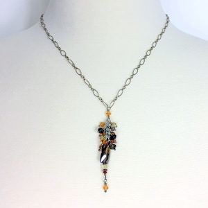 Crystal Cluster Necklace 925 Chain/Smoky Quartz Cut Bead/Delicate Cluster Pendant Necklace/18&quot; Chain & 9&quot; Drop/Beaded Pendant Smoky Quartz