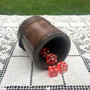 Leather Dice Thrower/Distressed Dice Thrower/4 Bakelite Red Dice/Liars Dice Throwing Cup/4 Prystal Bakelite Dice/Antique Pirates Dice Cup