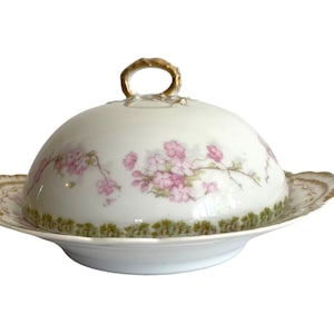 Haviland Limoges Butter Dish/3 Pc Dome Cover Dish/White & Pink Flowers/6.75&quot; x 4&quot; tall Porcelain Serving Dish/Schleiger 248/France 1930&#39;s