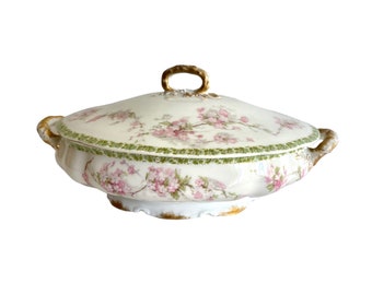 Casseruola con coperchio vintage Haviland Limoges, porcellana floreale rosa, Francia anni '30