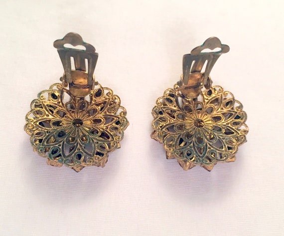 Round Rhinestone Earrings/Clip On Floral Earrings… - image 4