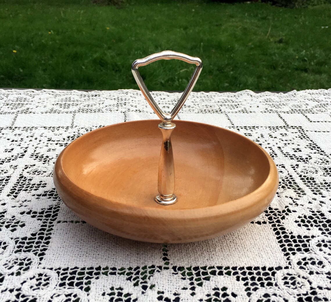 Round Wood Candy Dish/wood Serving Bowl/metal Handle Nut Etsy