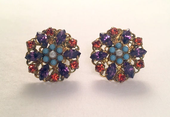 Round Rhinestone Earrings/Clip On Floral Earrings… - image 1