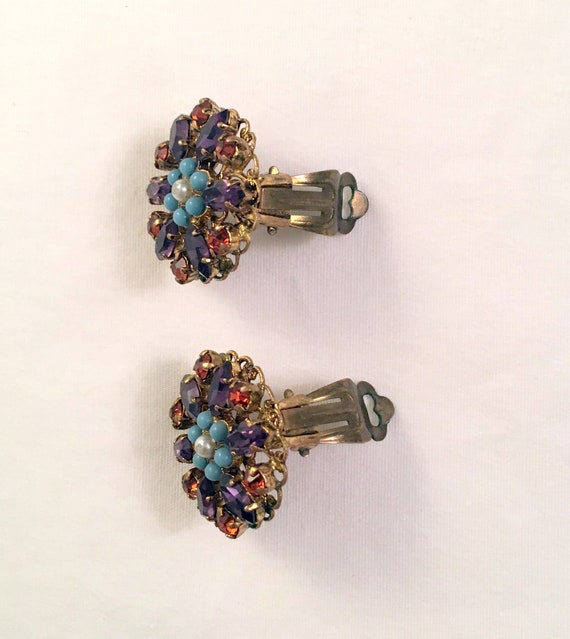 Round Rhinestone Earrings/Clip On Floral Earrings… - image 2