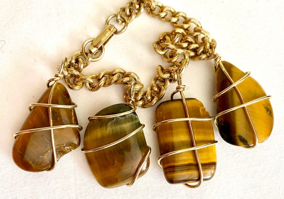 Wire Wrapped Tigers Eye Gemstone Bracelet, Gold Tone Chain  display picture 2