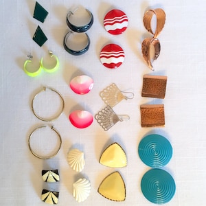 Vintage Metal Earring Lot/13 Pairs of Pierced Earrings/Mix of Shapes & Colors/Hoop Shell Wings Artisan Earrings/Free Shipping