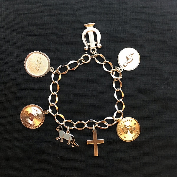 Wells Sterling Charm Bracelet/Silver Signed Charm Bracelet/7 Charms: Libra Cross Cat Musical Merry Christmas 1967 1973 Lyre/Free Shipping