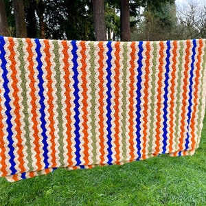 Rustic Cozy Throw/Vintage Crocheted Afghan/Earth Tone Striped Blanket/57 x 60 Crocheted Throw/Green Blue Orange Beige/Camp Blanket Afghan