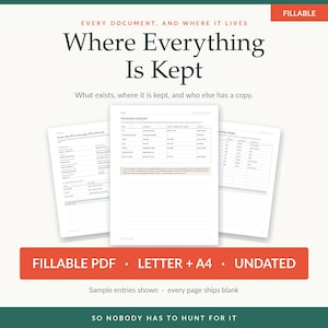 May include: A fillable digital document organizer titled Where Everything Is Kept, featuring three white pages with black text and tables for insurance policies and recurring charges. The layout includes headers, lines for data entry, and red accents.