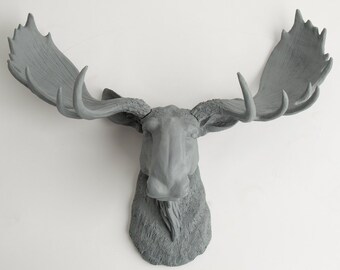 Moose Head - The Wellington - Gray Resin Moose Head- Moose Resin Grey Faux Taxidermy- Chic Animal Head Wall Ornament by White Faux Taxidermy