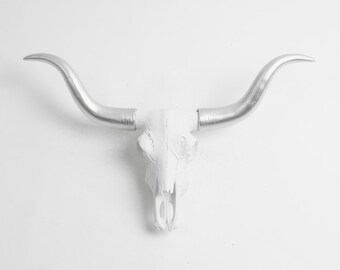 Longhorn Cow Skull The MINI Vermilion By White Faux Taxidermy - Small White w/Silver Horns Resin Longhorn Head - Steer Skull Wall Mount