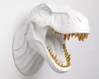 T Rex Head White Dinosaur Wall Mount, The Bronson w/Gold Teeth, Resin T-Rex Head Wall Art White Faux Taxidermy, Dinosaur Head Jurassic Decor