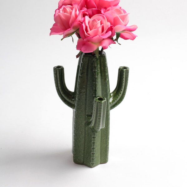 SALE - Cactus Vase Large Forest Green Cactus Bud Vase - White Faux Taxidermy - Table Top Decor - Cactus Decor - Cactus Gift - Cactus Planter