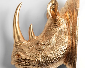 XL Gold Resin Rhino Head - The Goliath in Gold - White Faux Taxidermy - Faux Taxidermy - Resin Gold Faux Taxidermy- Chic Rhino Sculpture