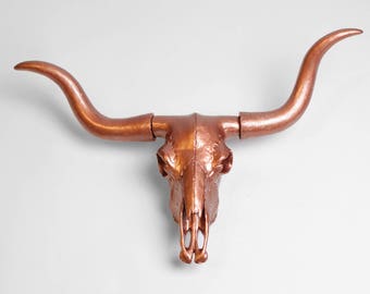 Longhorn Skull in Copper, The Austin || Faux Resin Cow Skull by White Faux Taxidermy || Bull Animal Skull Rustic Southwestern Decor Wall Art