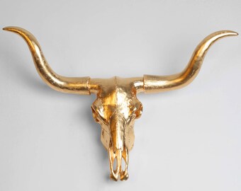 Faux Cow Skull Decor || The Cheyenne Gold Resin Bull Skull By White Faux Taxidermy || Southwestern Wall_Art Longhorn Animal Skull Bull Head