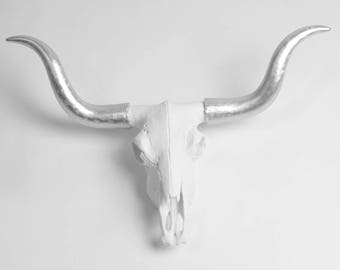 Longhorn Cow Skull Decor || The Vermilion By White Faux Taxidermy, White w/Silver Horns Resin Bull Skull Head - Animal Southwestern Wall Art