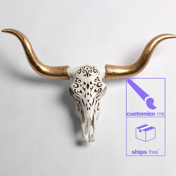 Filigree Cow Skull w/ Gold Longhorn || Resin Bull Skull Wall Hanging by White Faux Taxidermy | Southwestern Wall Art Faux Bull Animal Skull