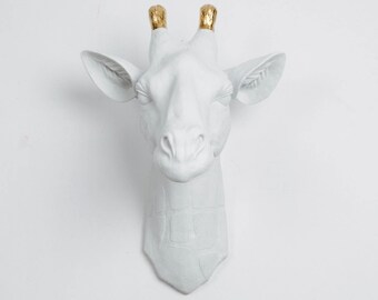 White + Gold Giraffe Head Wall Mount: The Geronimo by White Faux Taxidermy - Large White Resin Giraffe Head - Resin Safari Animal Head Decor