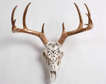 Deer Skull in Natural Filigree Resin with Gold Antlers - Resin Deer Skull Head by White Faux Taxidermy- Western Decor Stag Deer Animal Skull